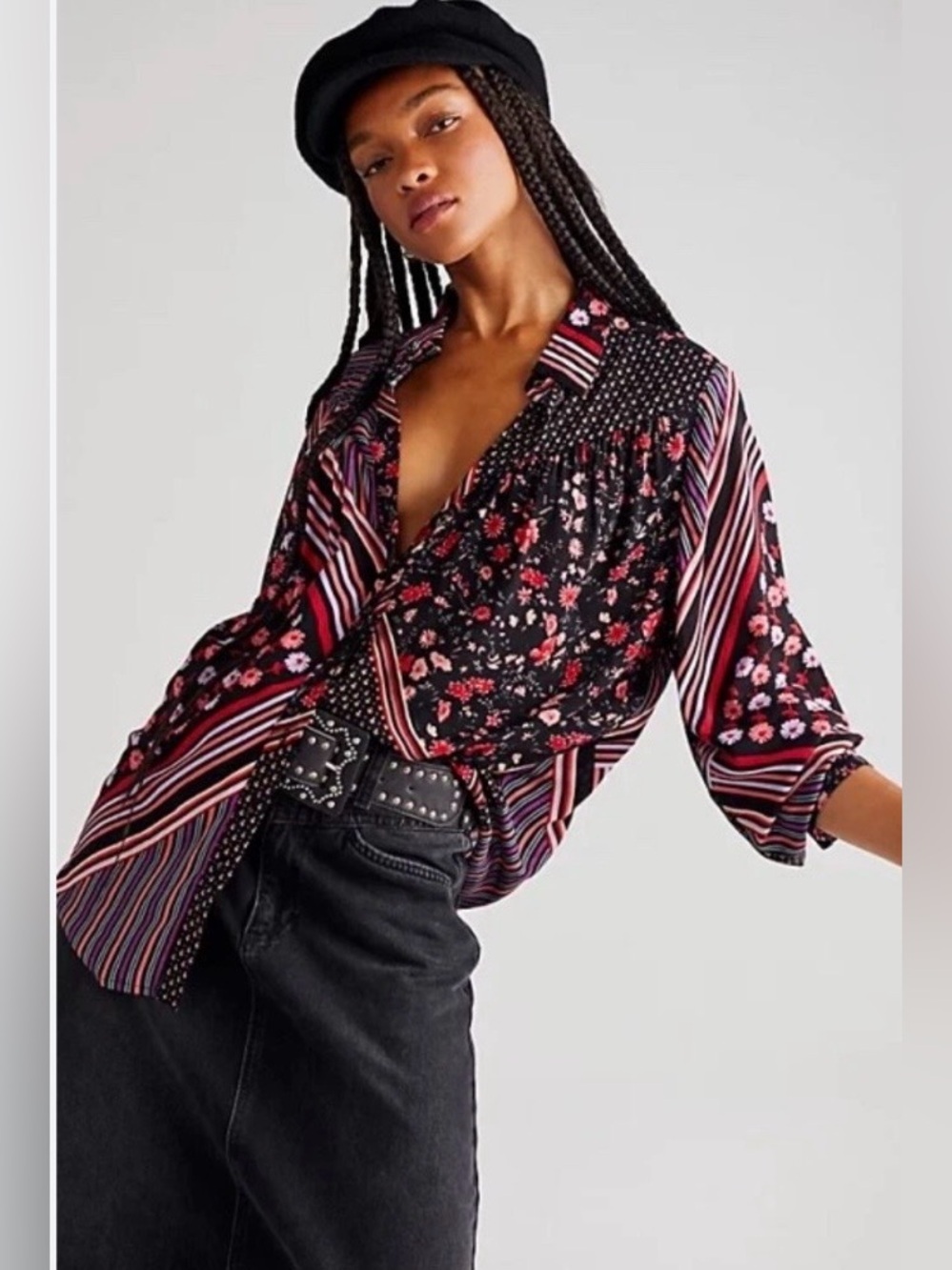 Free People Hazel Buttondown Top Mixed Floral Stripe Boho Blouse size XS